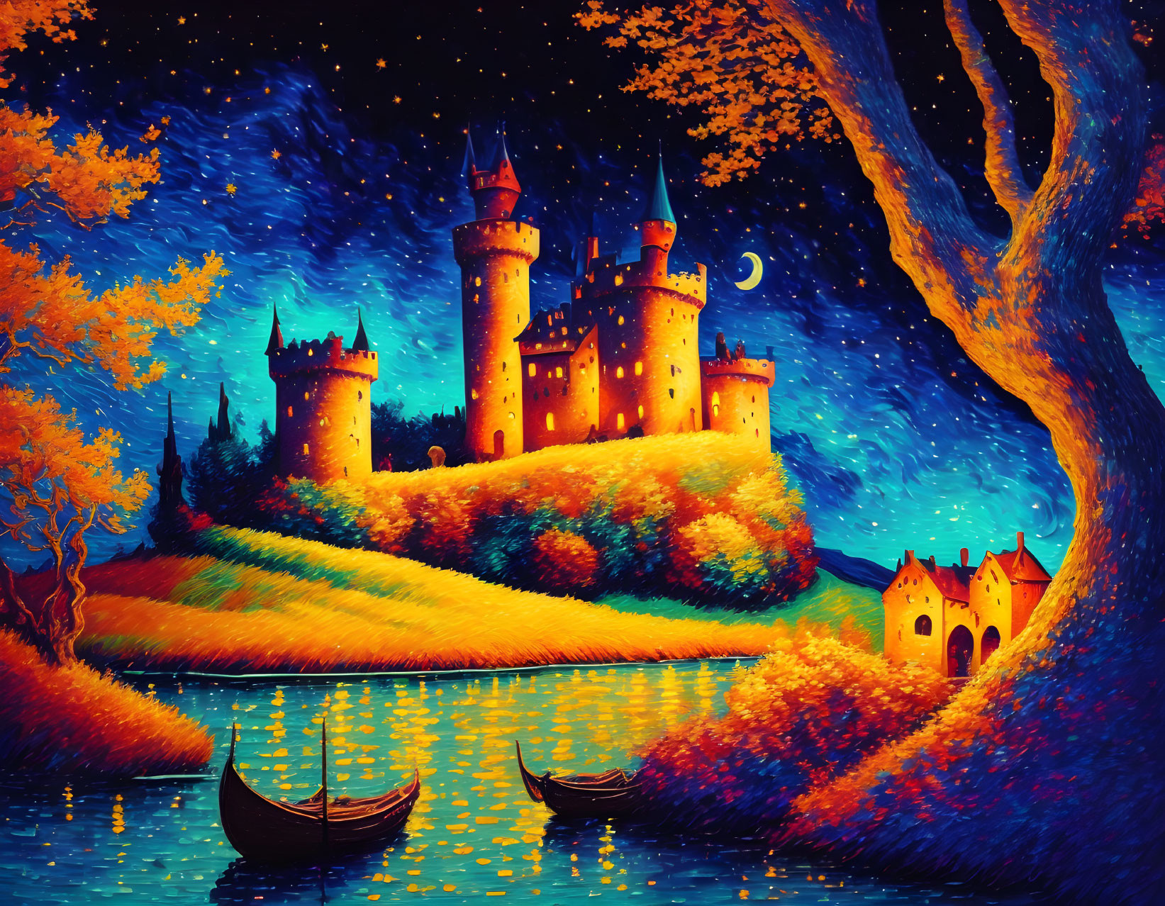 Fairytale castle painting: Night scene with glowing windows, autumn landscape, boats, starry sky