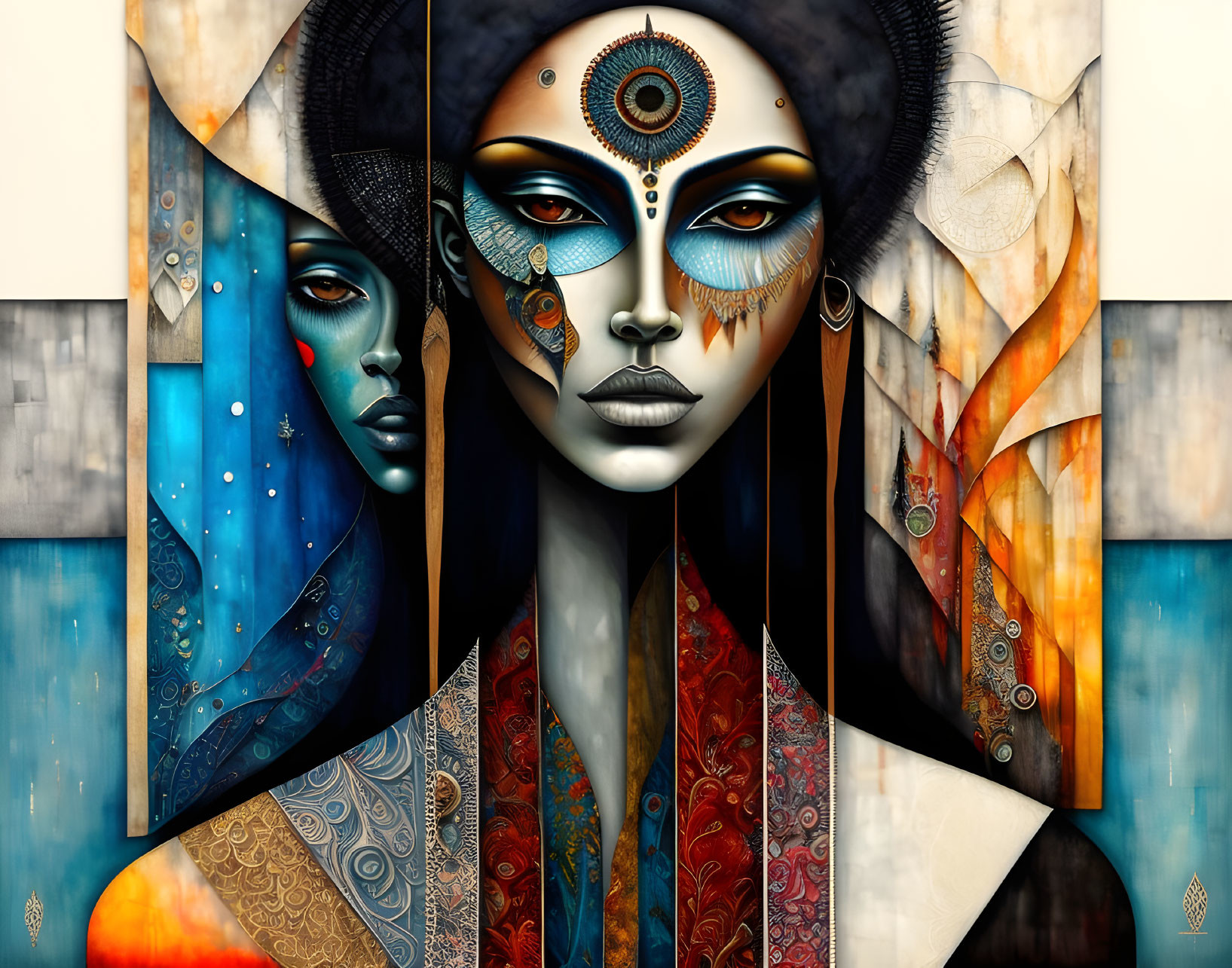 Colorful digital artwork: Two stylized women with intricate facial adornments in geometric and organic motifs.