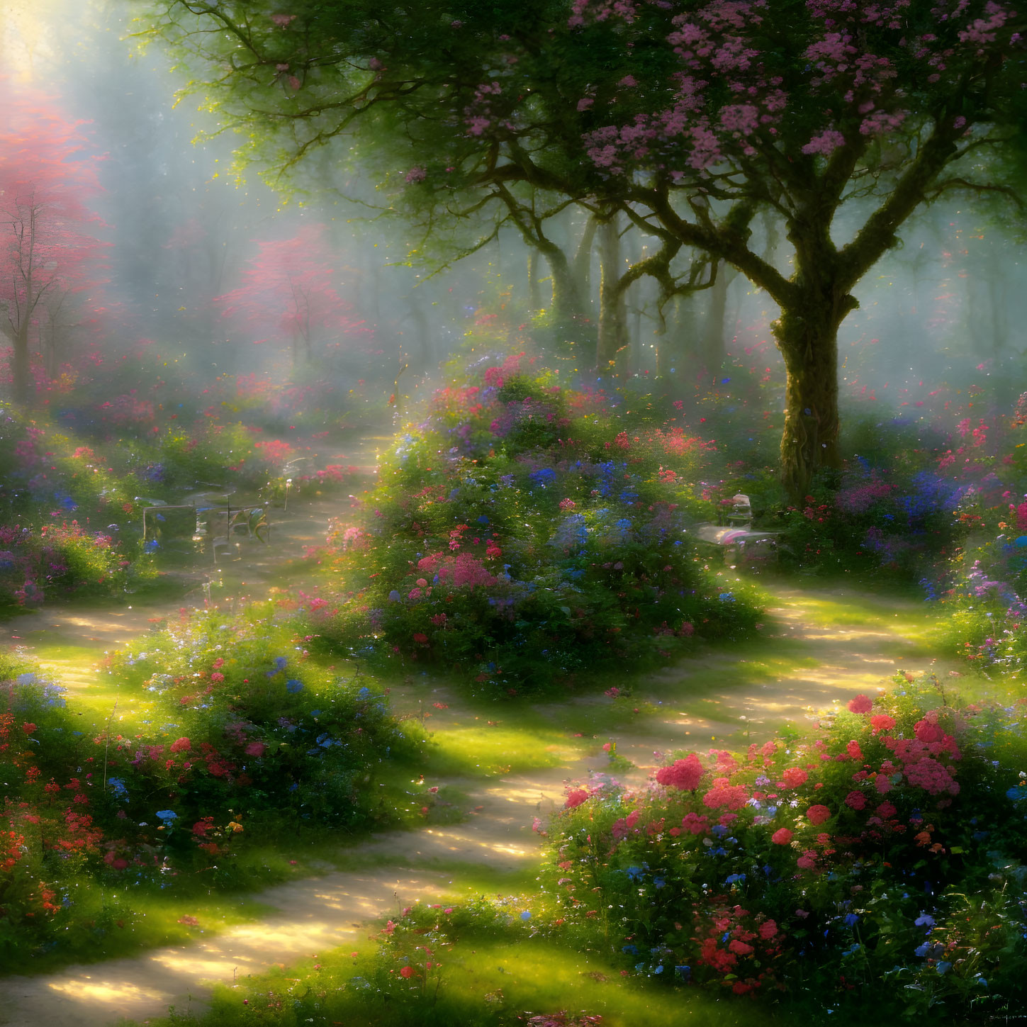 Forest path with vibrant flowers under sunlight and misty ambiance