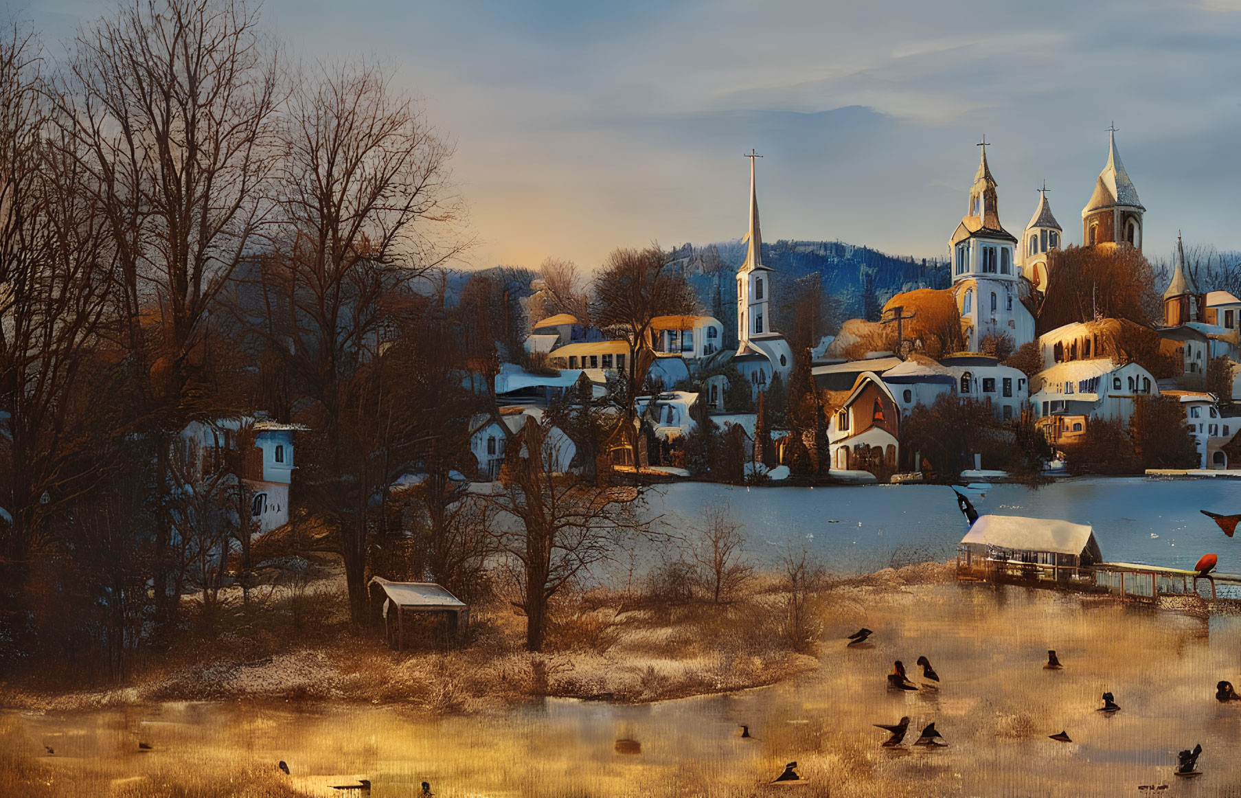 Winter sunset scene with ducks on lake and snow-covered village.