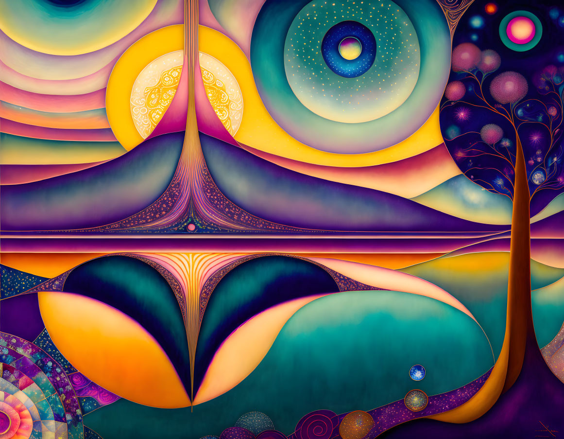 Colorful Abstract Artwork: Rich Hues, Swirls, Waves, and Tree-like Structures