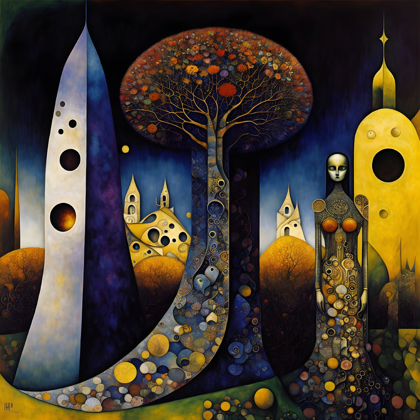 Surrealistic painting with stylized trees, architectural forms, and figure with mask-like face on