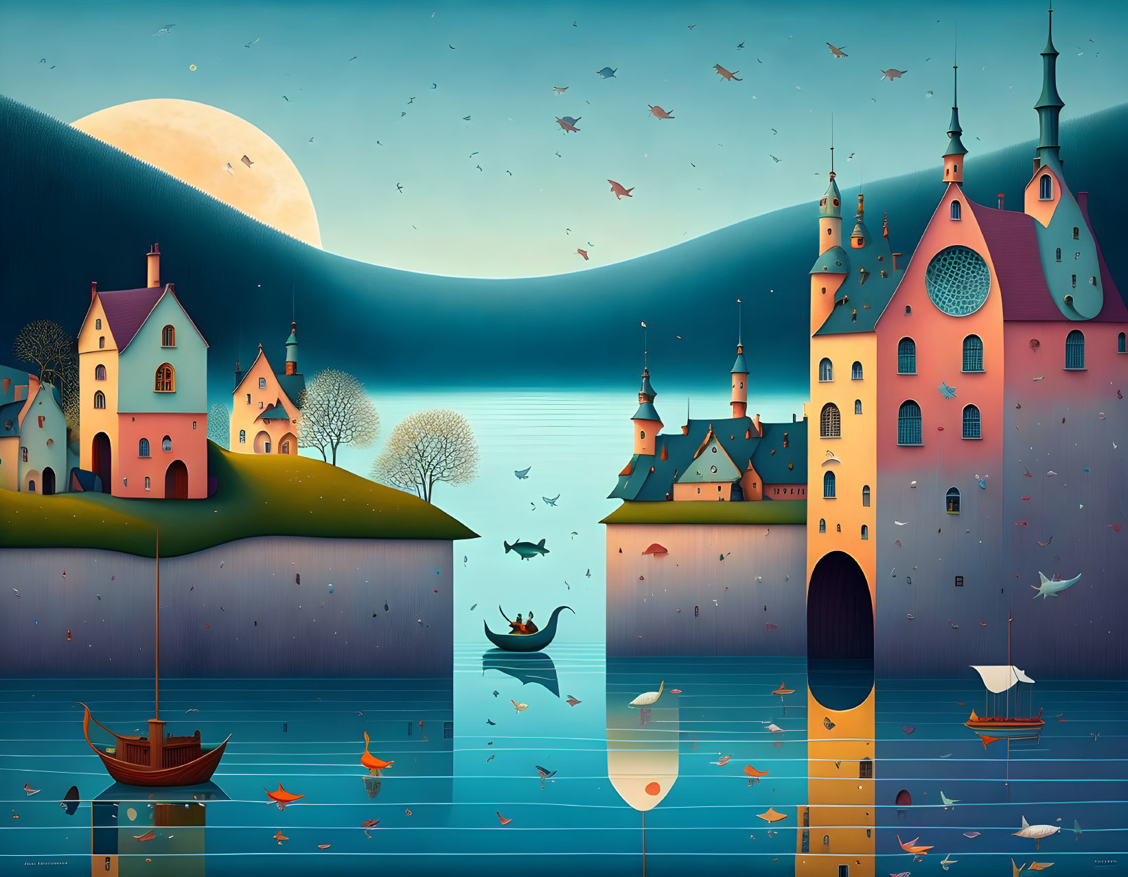 Colorful Fantasy Landscape with Castles, Boats, Fish, and Moon