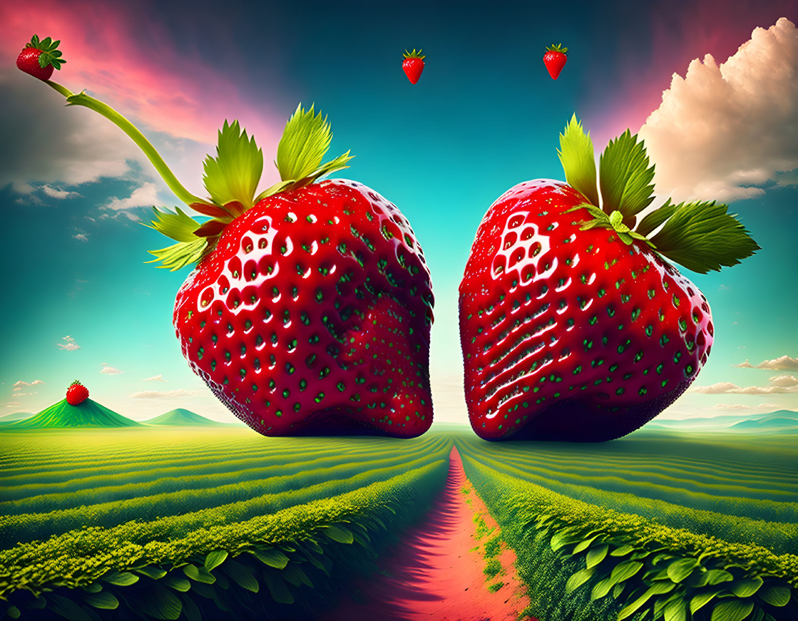 Giant strawberries in surreal landscape with floating fruit
