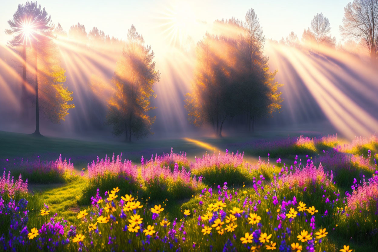 Sunbeams illuminate colorful meadow at sunrise