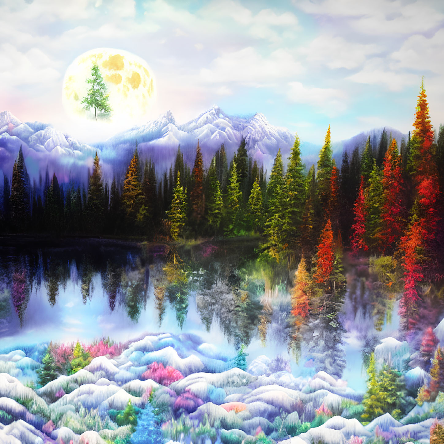 Colorful Trees Reflecting in Lake with Snow-Capped Mountains under Full Moon