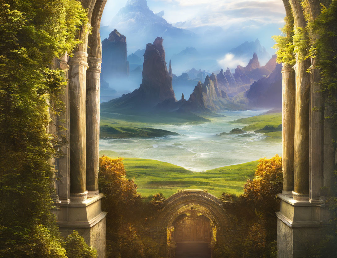 Fantasy landscape with lush greenery and distant mountains