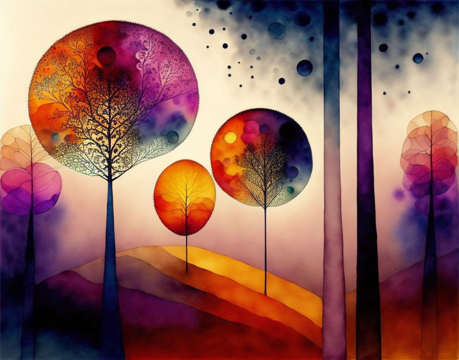 Colorful Watercolor Painting of Stylized Autumn Trees and Floating Orbs