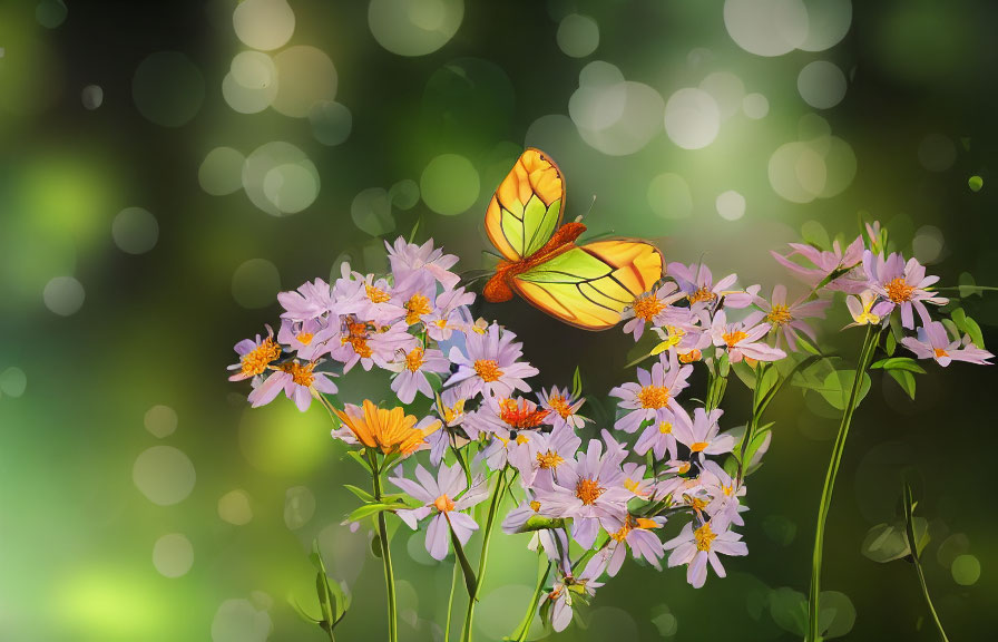 Orange Butterfly on Pink Wildflowers with Green Background and Bokeh Effects