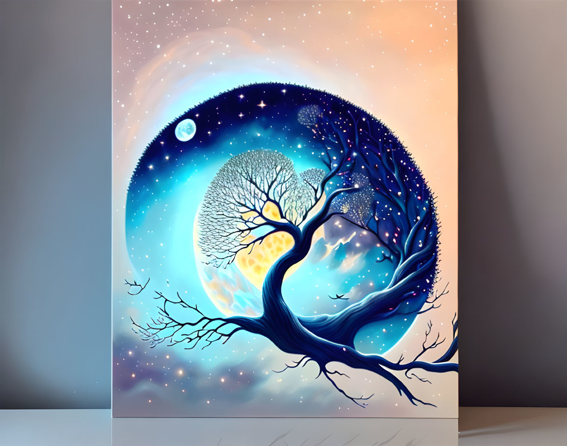 Whimsical painting of tree merging with night sky