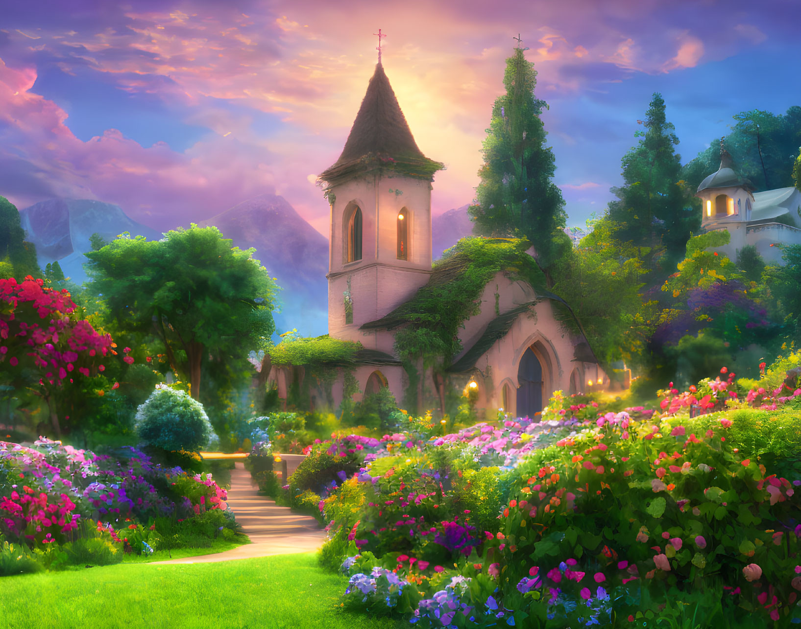 Scenic garden pathway to idyllic church under sunset sky