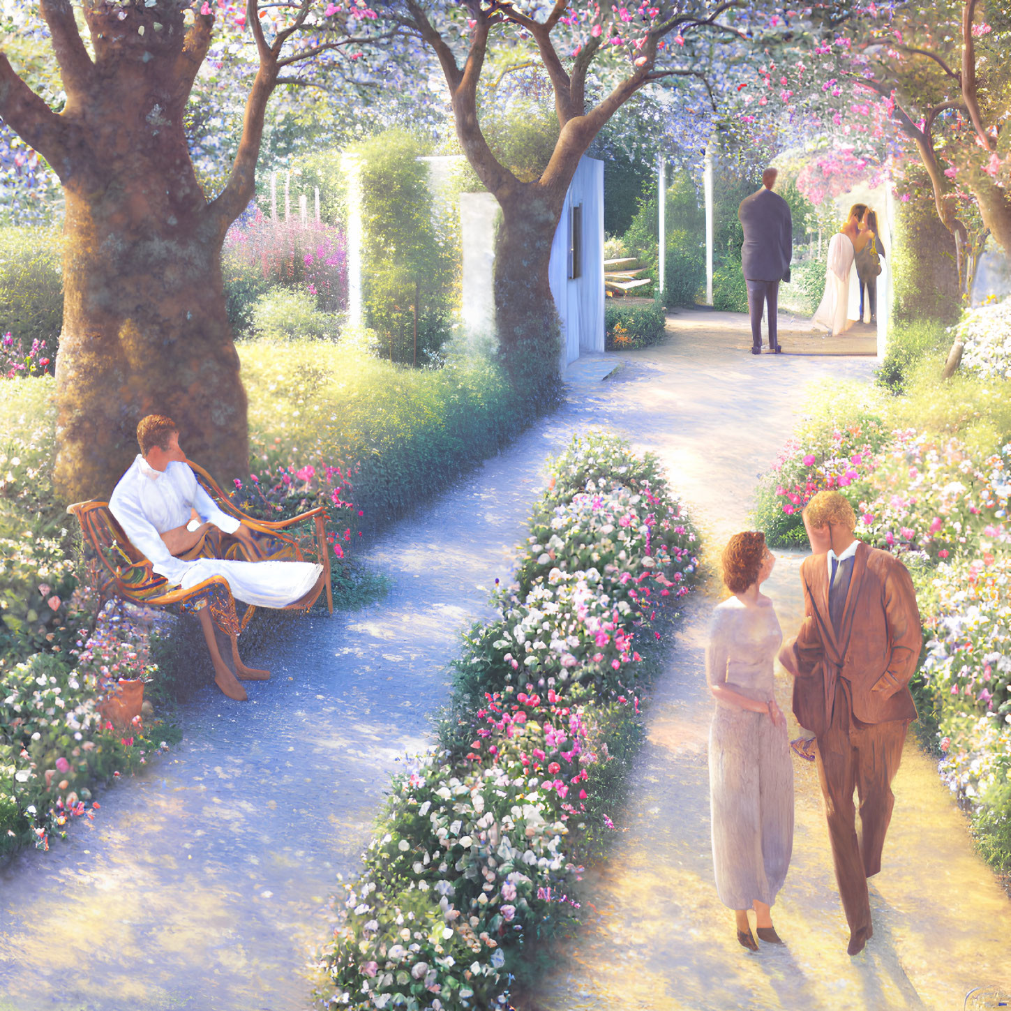 Tranquil garden path with blooming flowers, couples walking, and man on bench