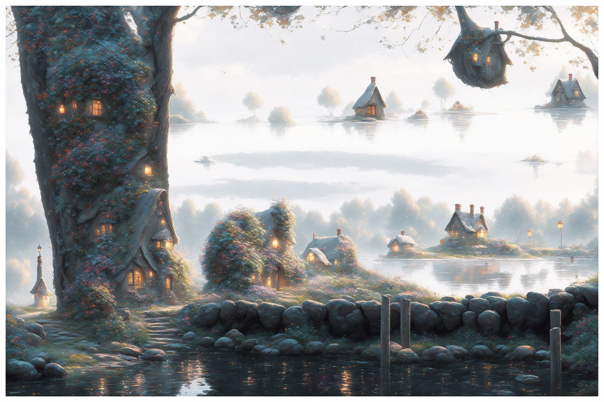 Enchanted forest scene: whimsical treehouses, serene lake, warm lights, mist at dawn