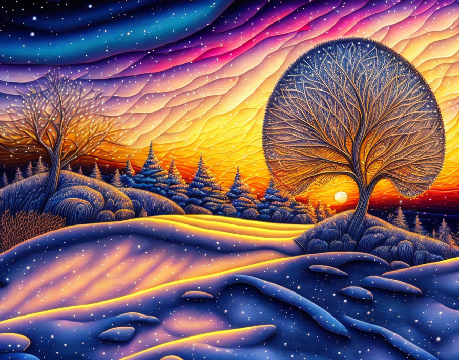 Colorful Winter Scene Painting with Snow-Covered Landscape