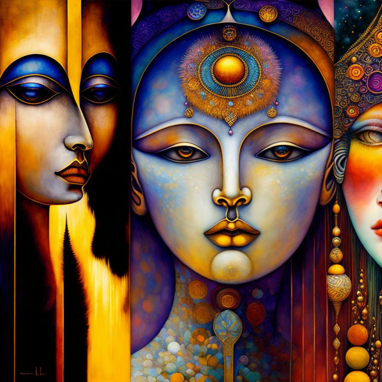 Three stylized faces with golden hues and intricate patterns, featuring unique headdresses and serene expressions