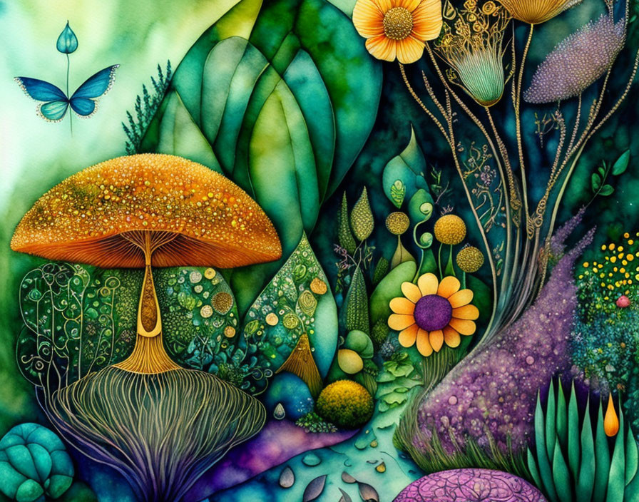 Colorful forest scene with oversized mushrooms and butterfly