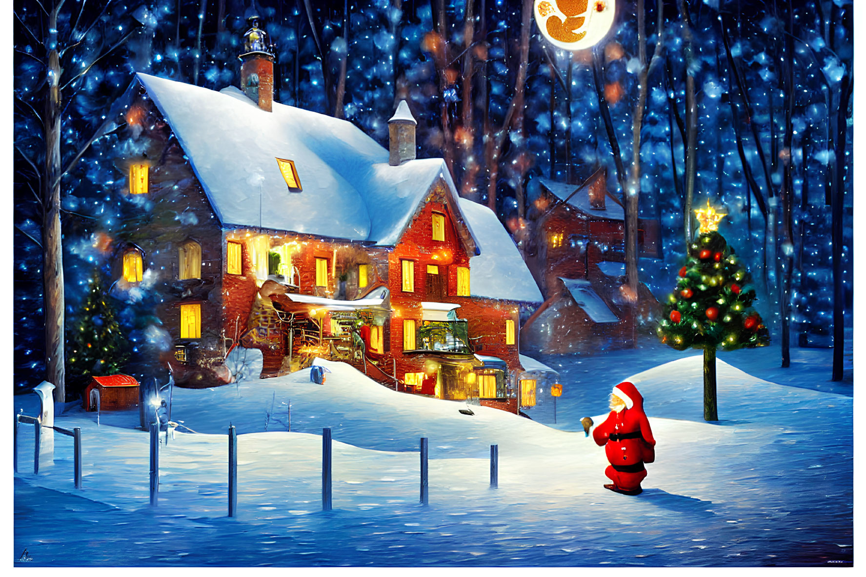 Snow-covered cottage with Santa Claus and Christmas tree on moonlit night
