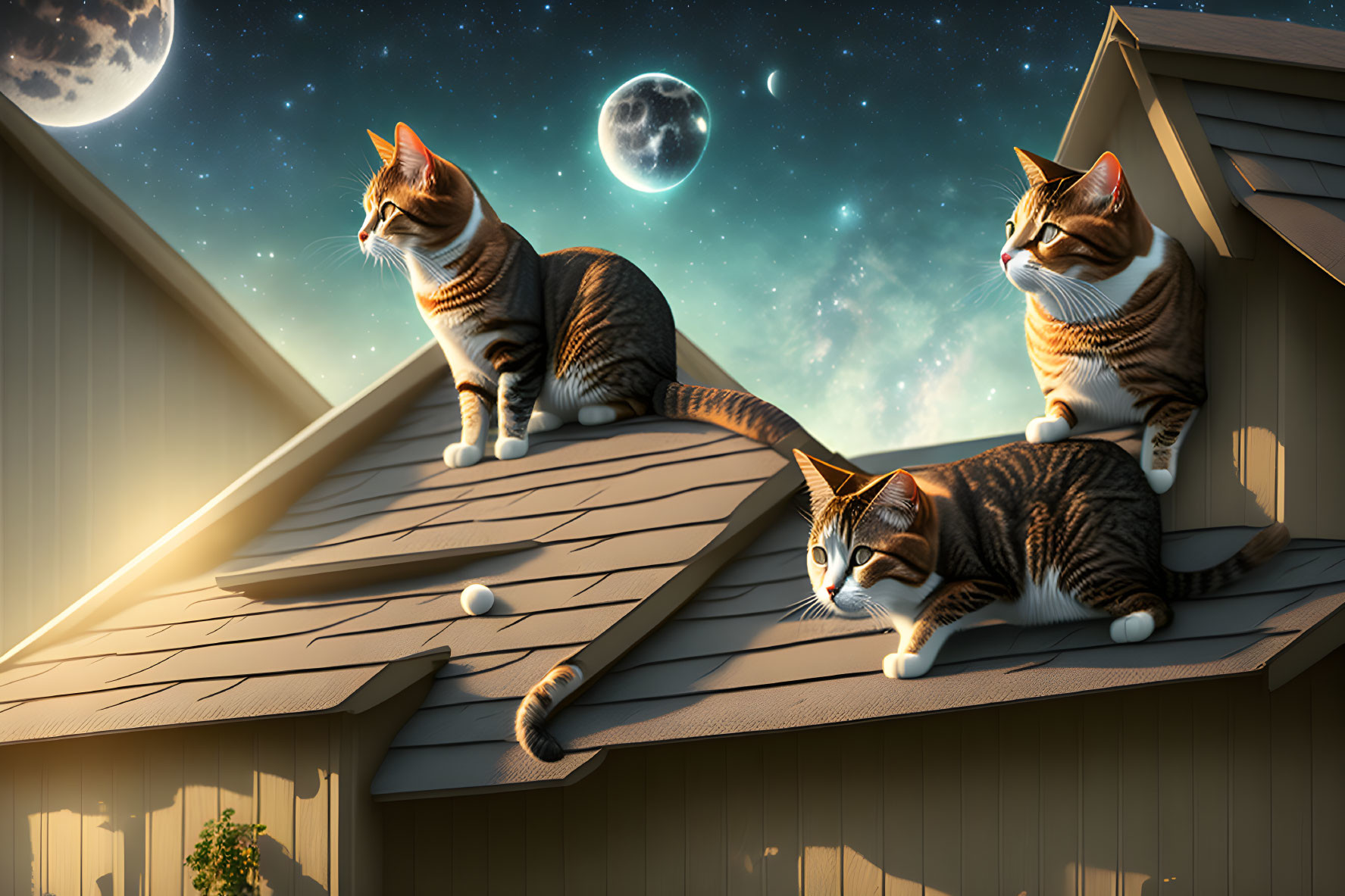Three cats on a roof under a twilight sky with a visible moon