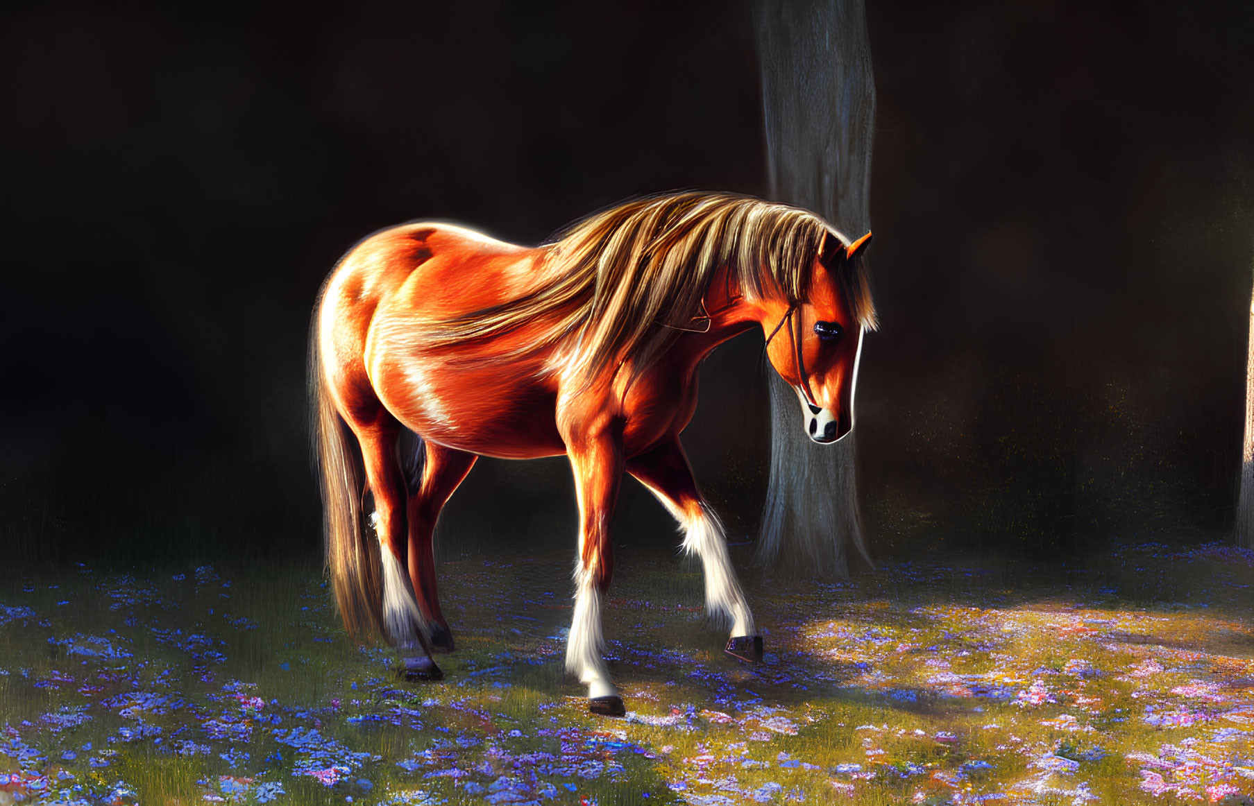 Digital Artwork: Chestnut Horse with Glowing Mane in Mystical Forest Clearing