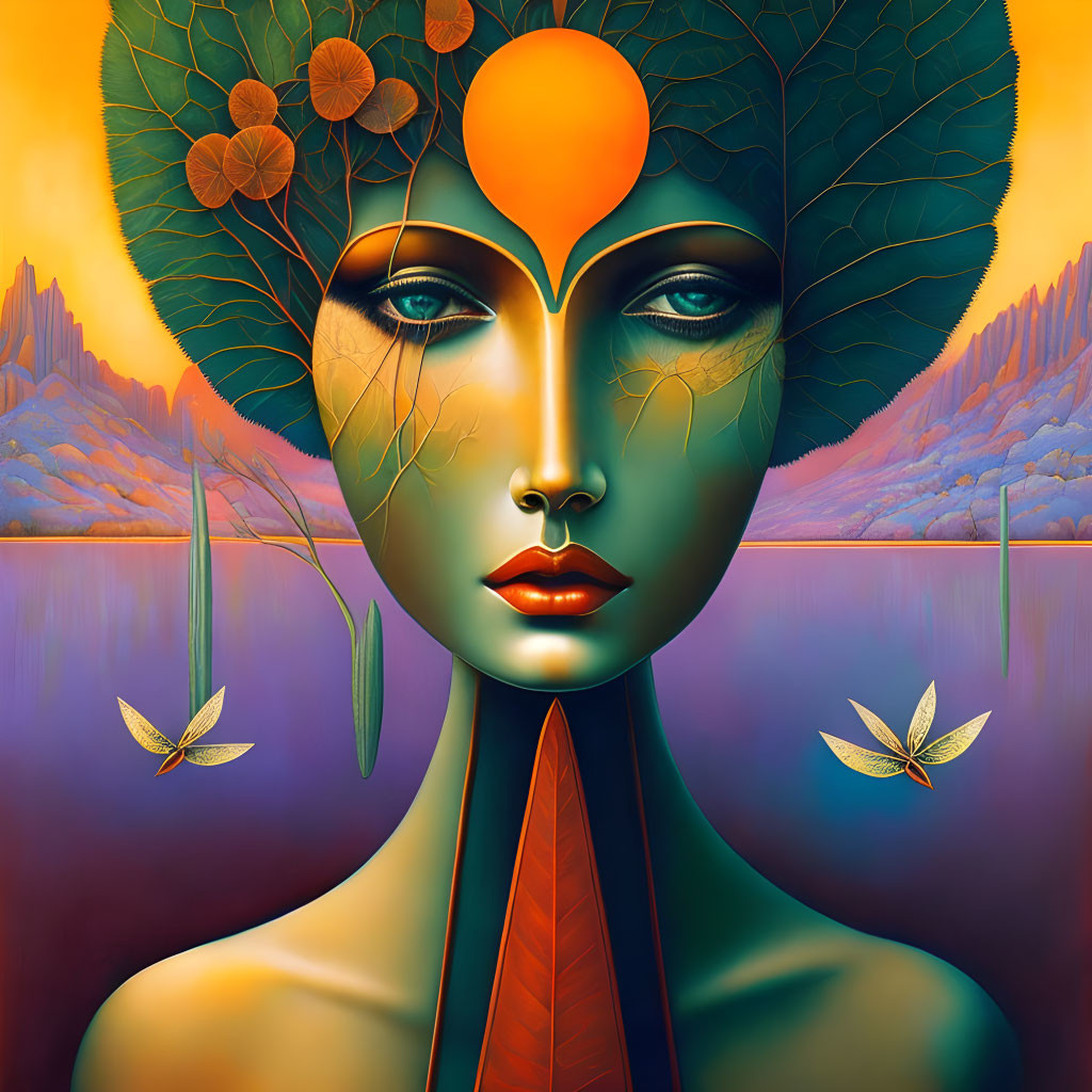 Vibrant surreal portrait with stylized nature elements