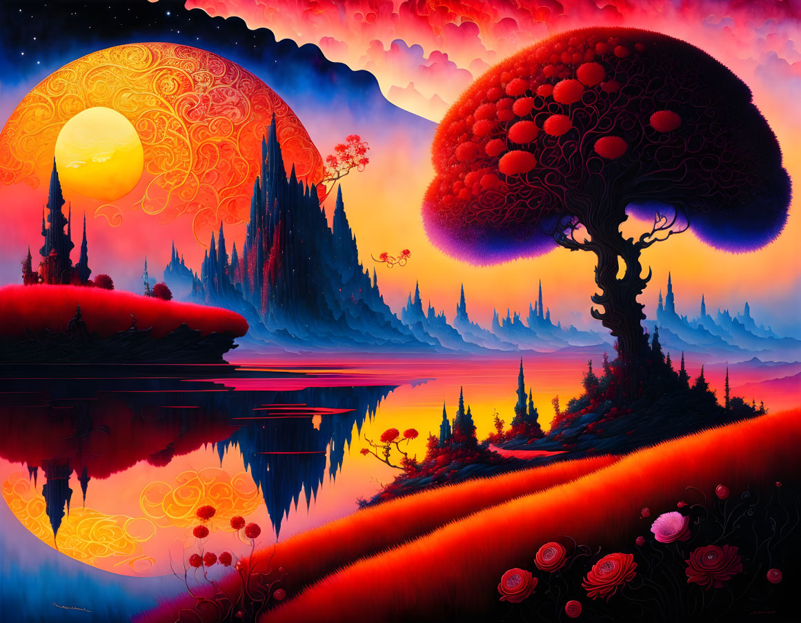 Red moon landscape with tree, flowers, lake, and mountains at twilight