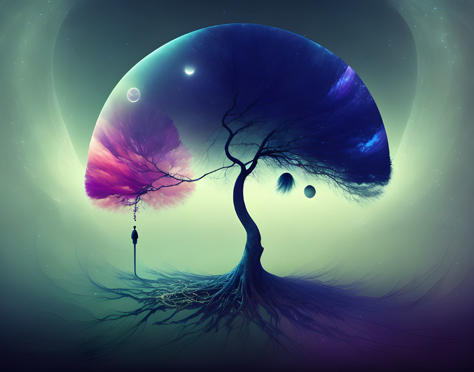 Surreal illustration: Tree with celestial canopy in cosmic setting
