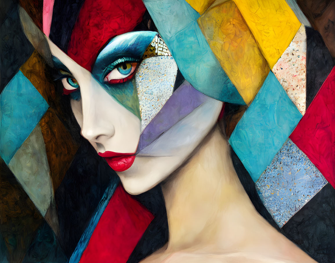 Vibrant geometric portrait of woman with bold makeup