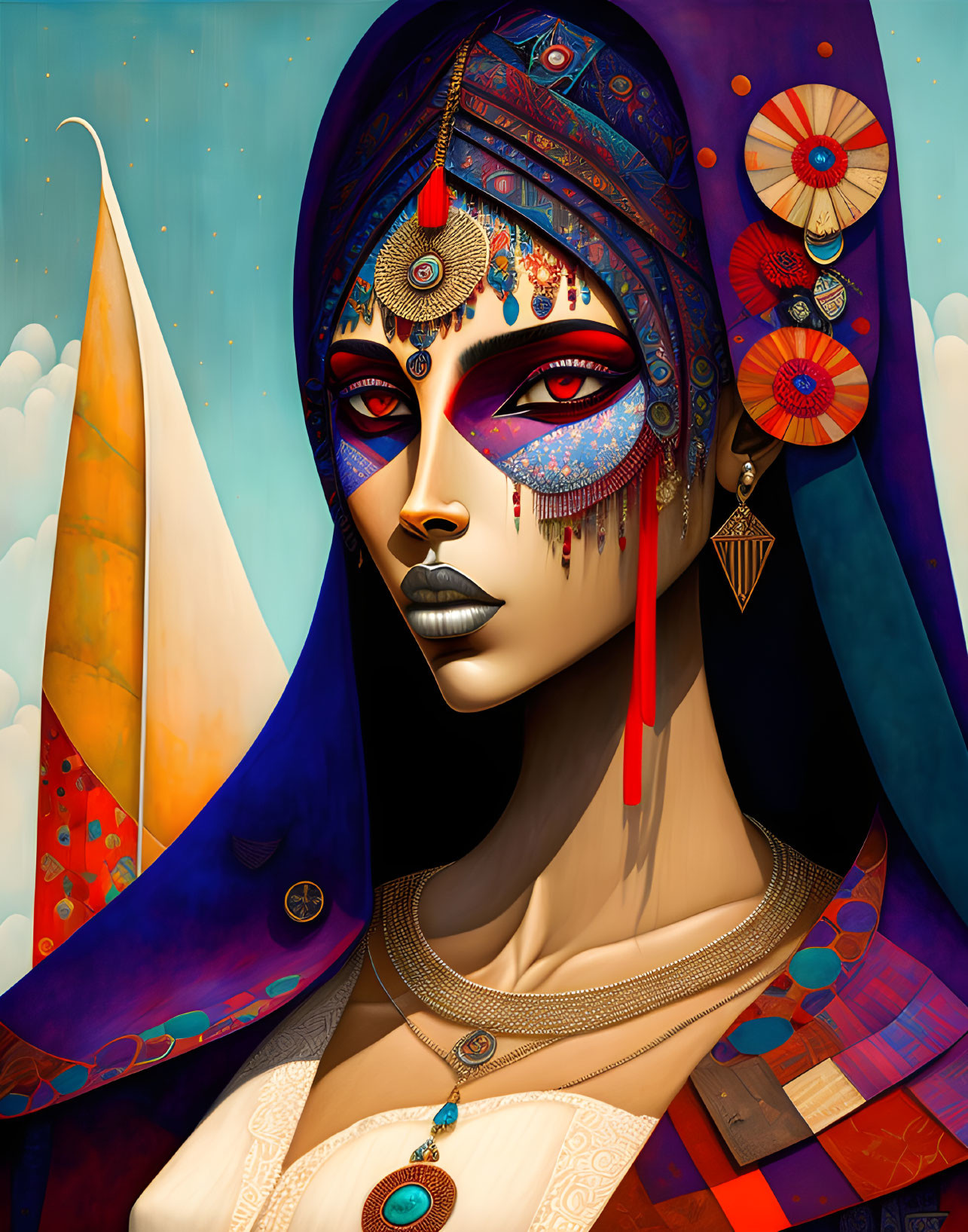 Colorful Stylized Portrait of Woman with Regal Aura