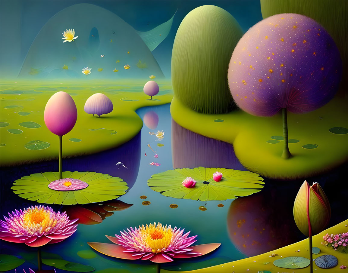 Surreal landscape with stylized trees, lotus flowers, and butterfly-like creatures.