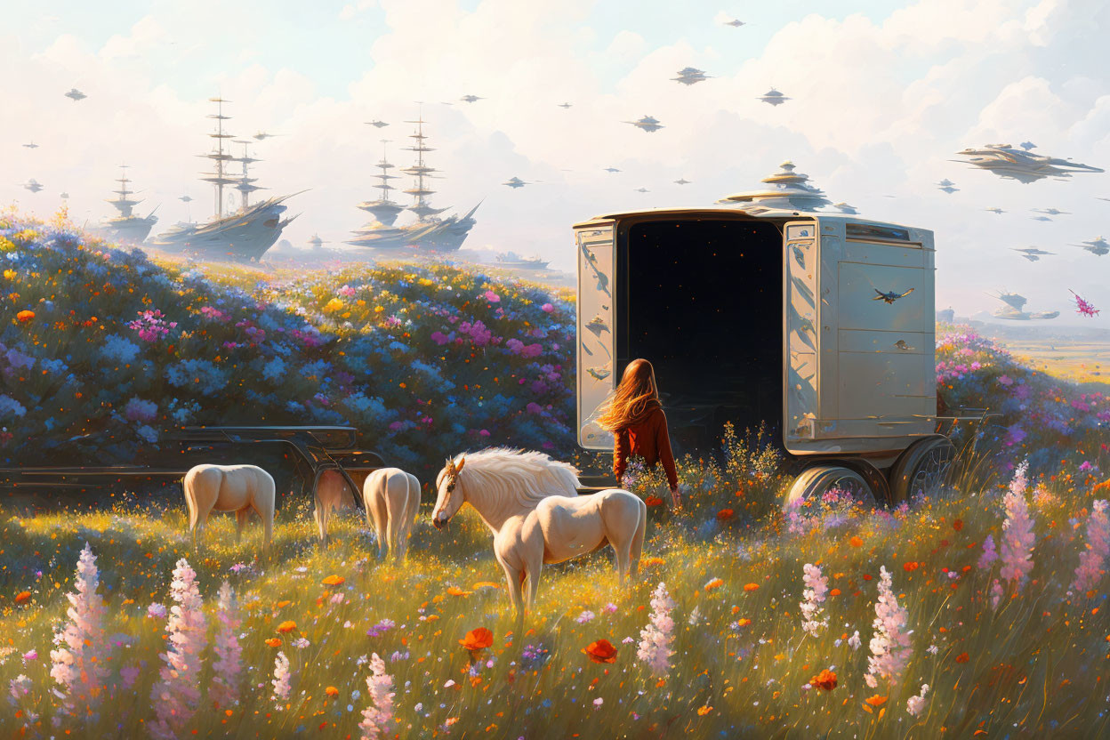 Person standing by whimsical wagon in vibrant flower field with white horses and floating ships in the sky