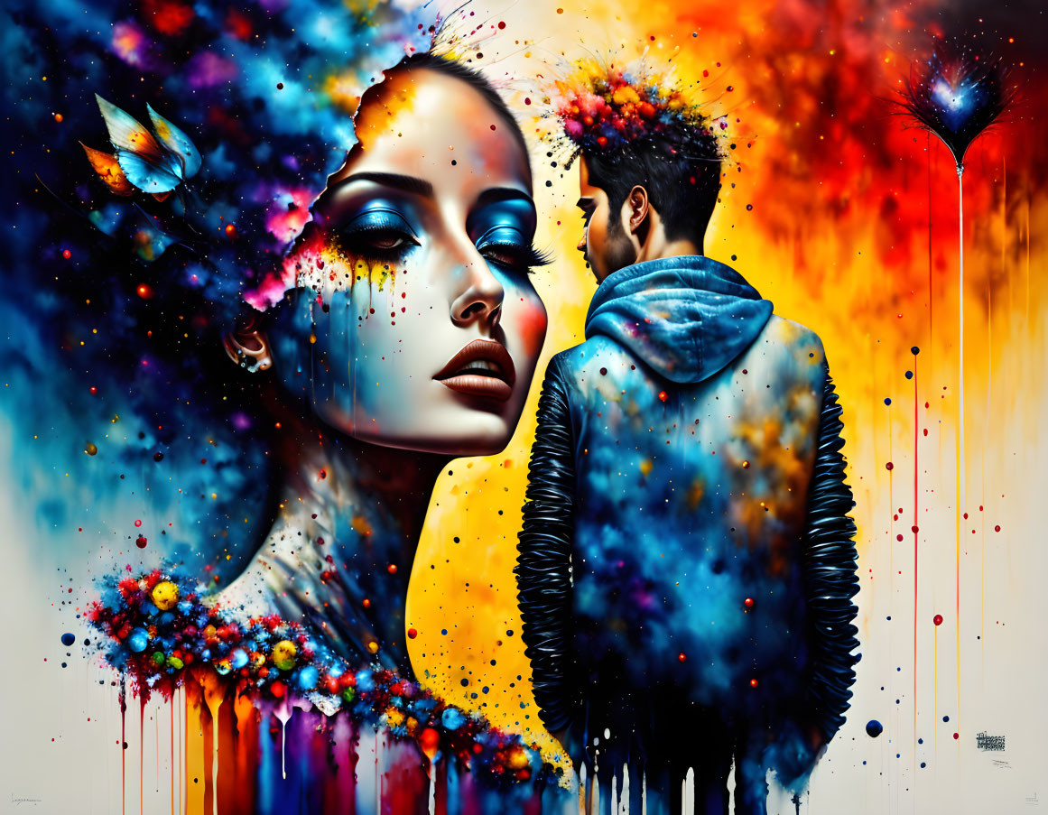 Colorful Abstract Portrait: Man and Woman Profile Merge with Cosmic Backdrop