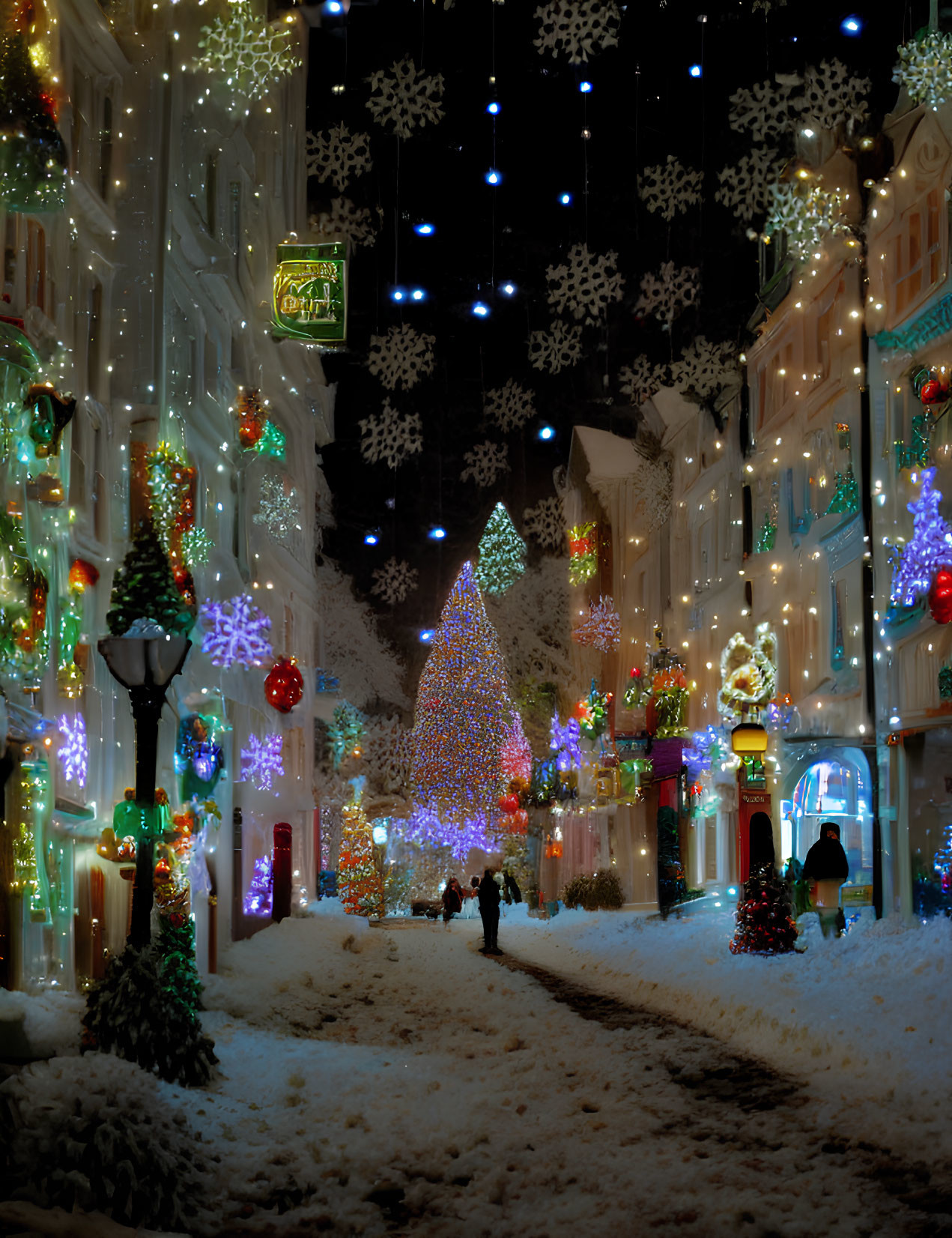 Snowy Night Street Scene with Christmas Decorations and Pedestrians