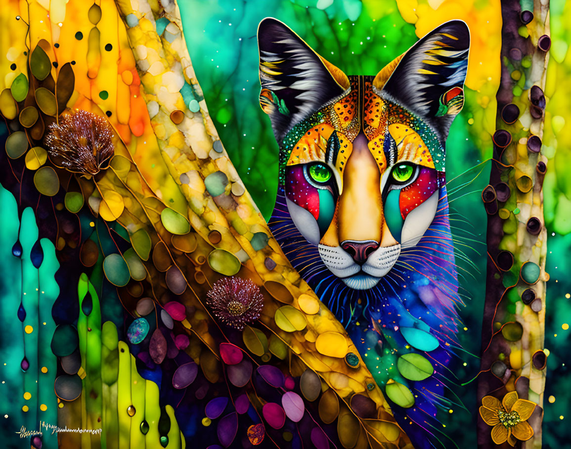 Colorful Tiger Face Art with Surreal Paint Drips & Florals