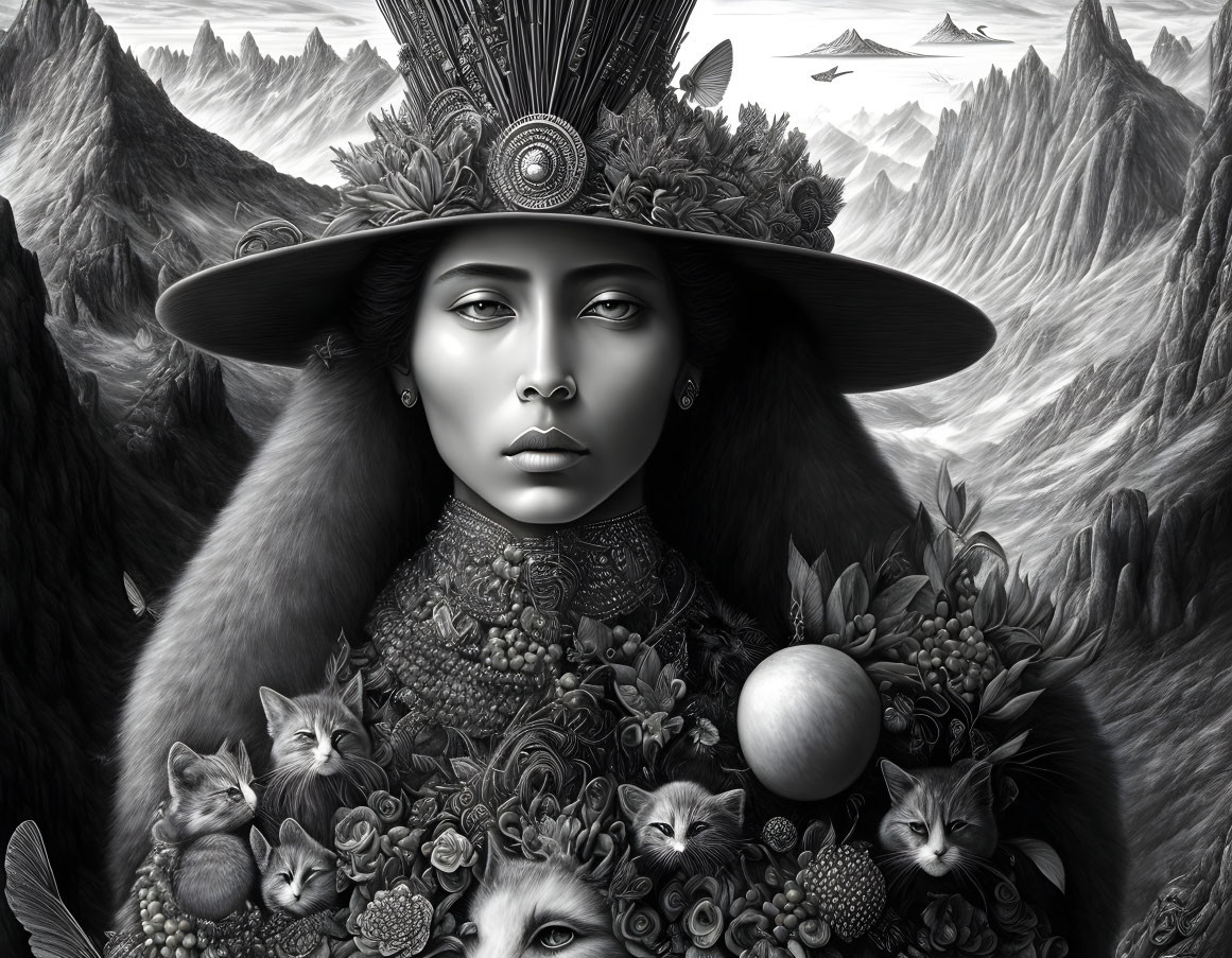 Monochrome artwork: Woman with ornate hat, cats, fruit, flora, mountains, birds