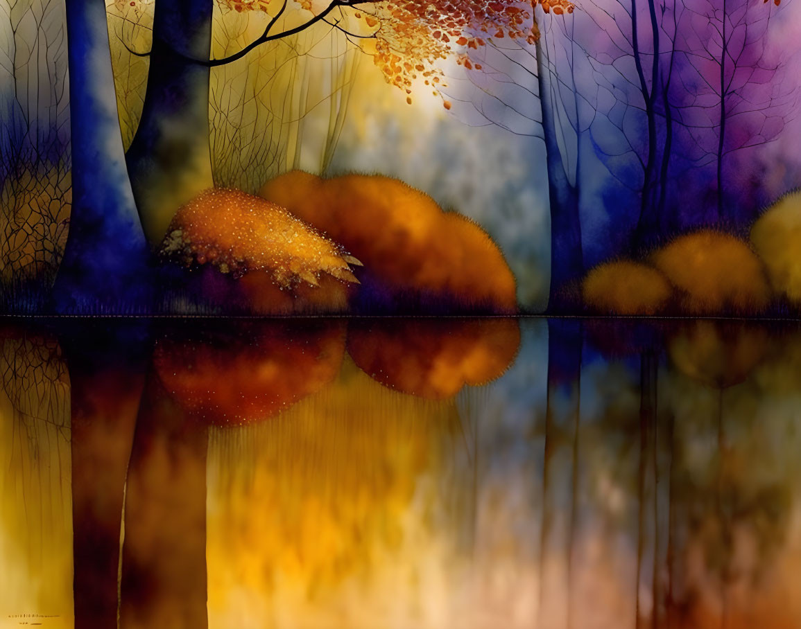 Vibrant autumn forest scene with misty atmosphere and orange round object