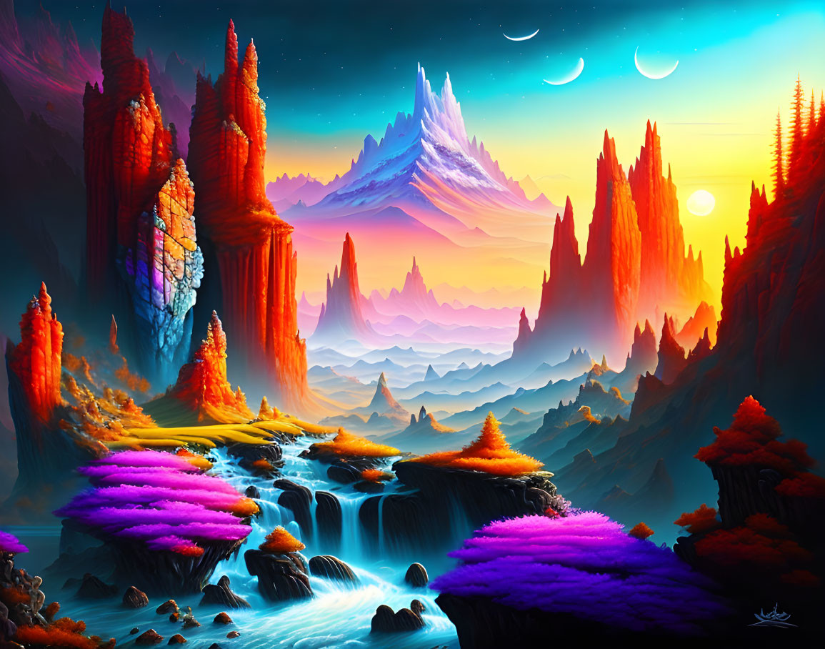 Colorful Fantasy Landscape with Trees, Waterfalls, and Moons