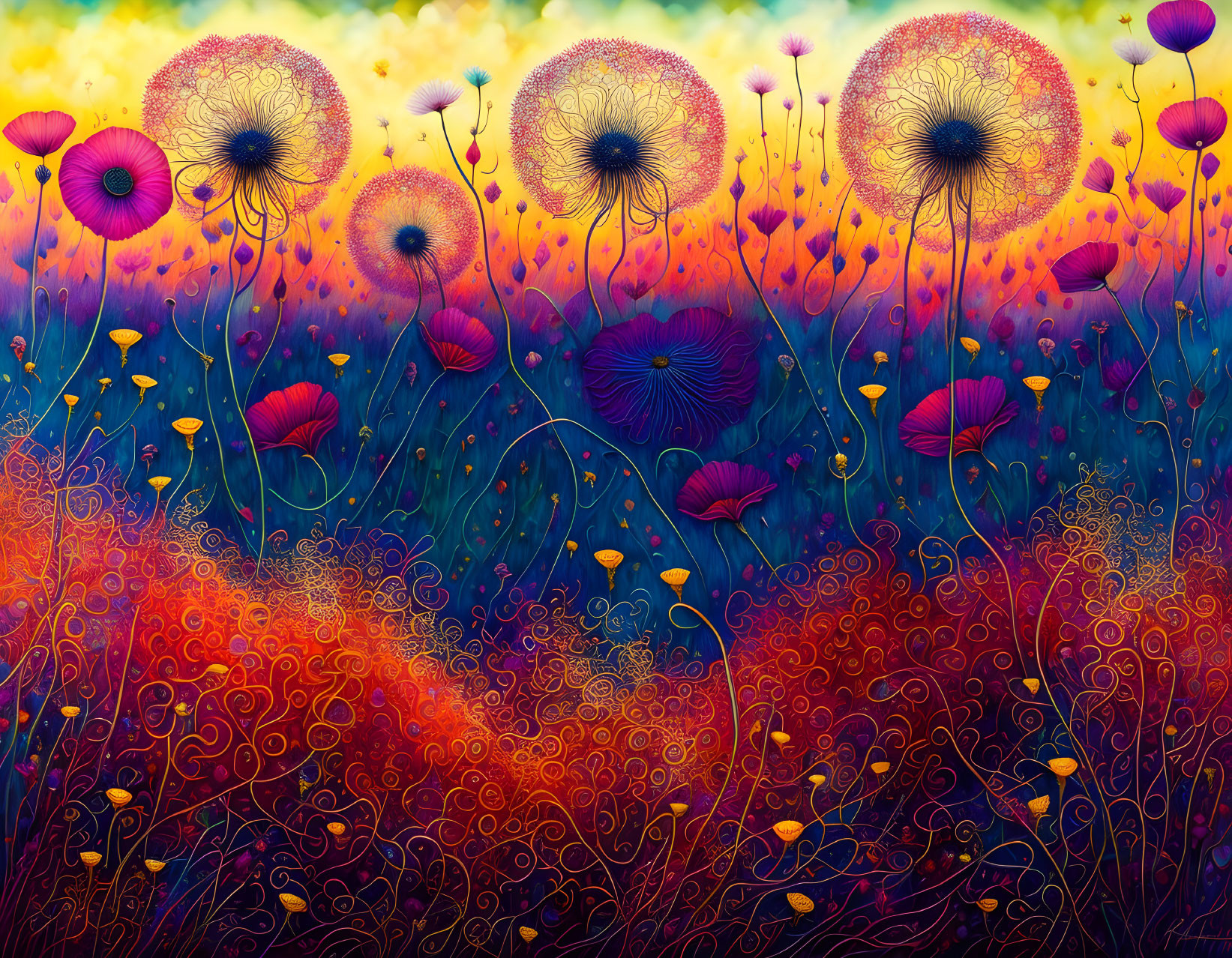 Colorful floral landscape with whimsical dandelion-like plants and swirling patterns