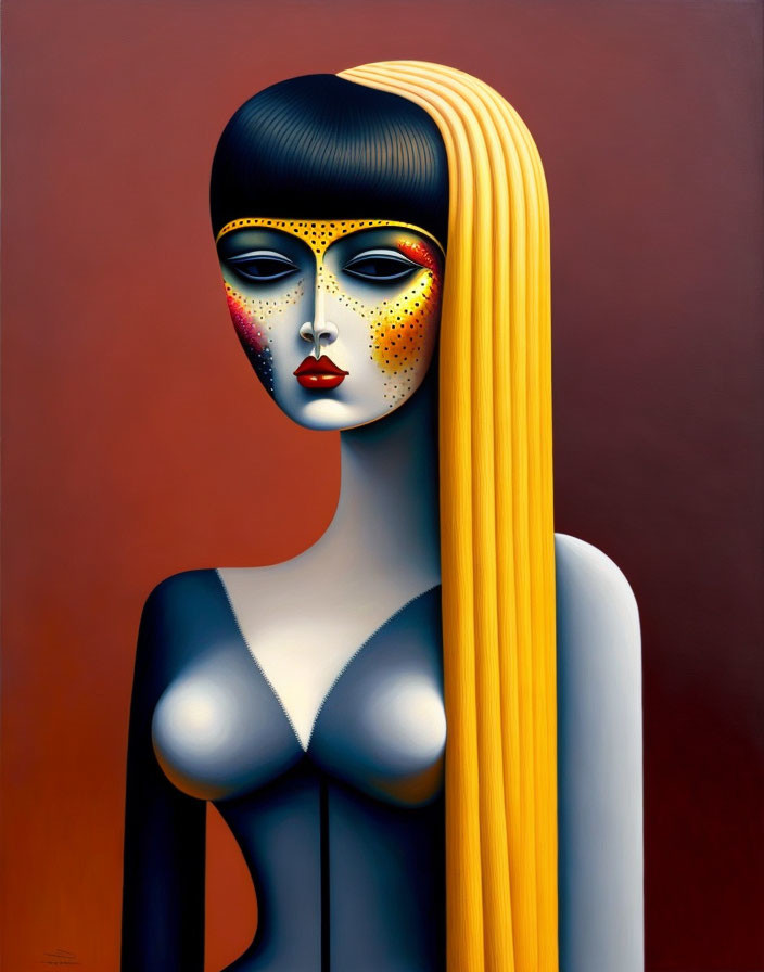 Surrealist painting of woman with dual-toned face and dotted markings