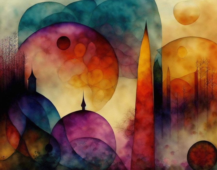 Vibrant Abstract Watercolor Painting of Dreamlike Landscapes