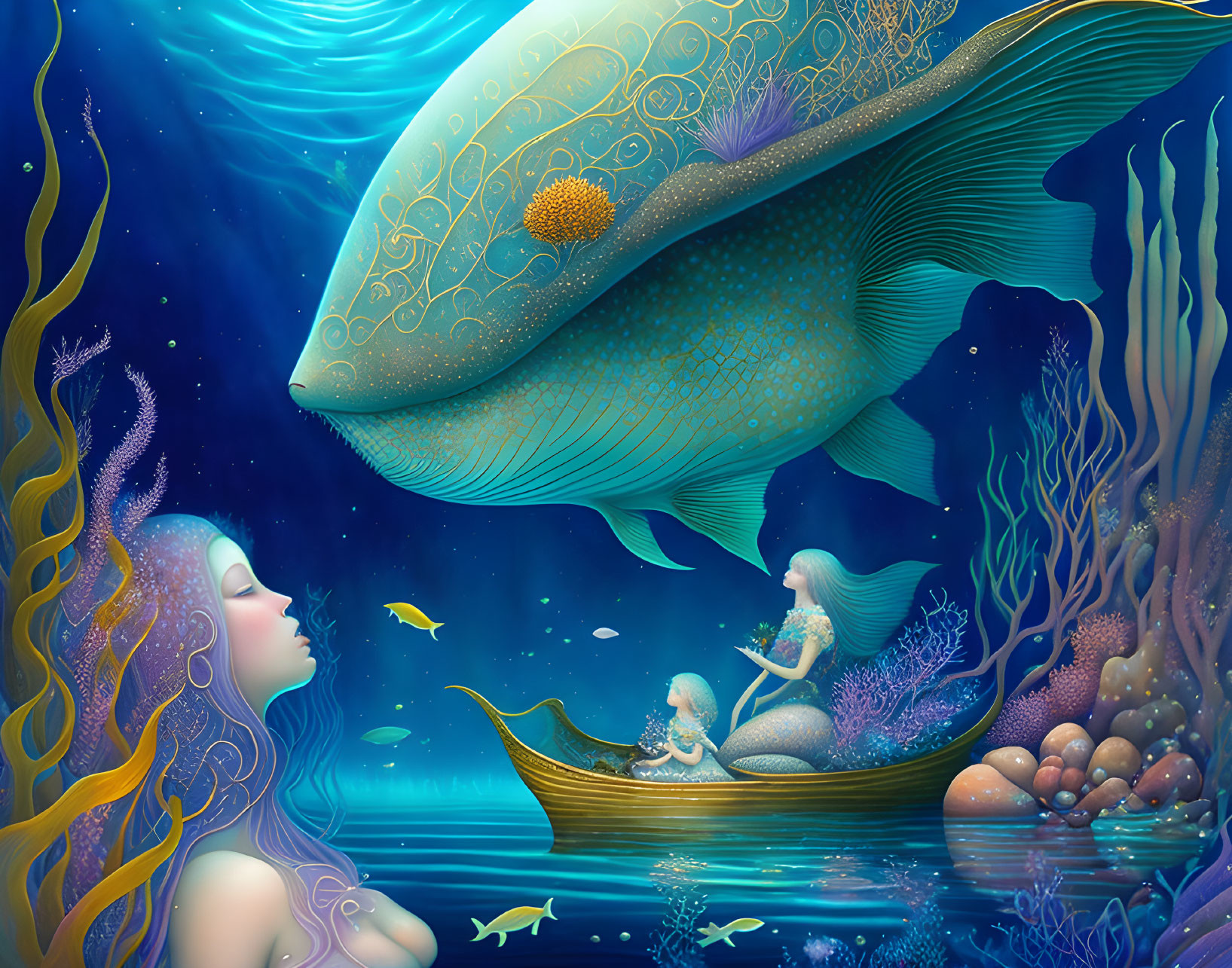 Vibrant underwater scene with giant fish, mermaid, girl in boat, and marine life