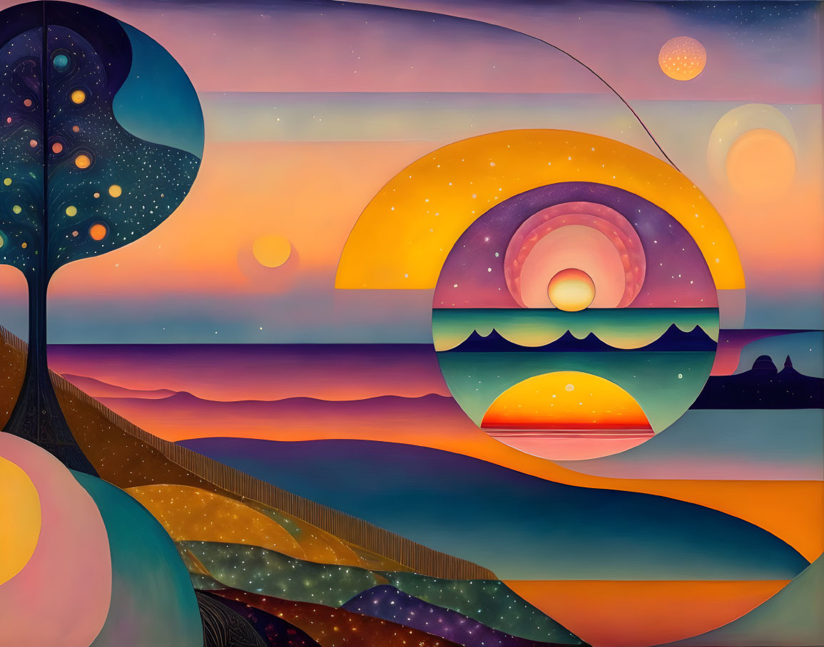 Colorful surreal landscape painting with sun, hills, water, abstract patterns, and tree.