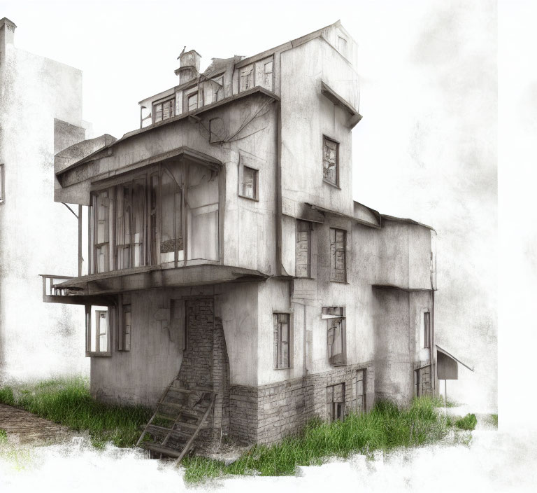 Detailed sketch of old, multi-floor building with external staircases and balcony in overgrown surroundings