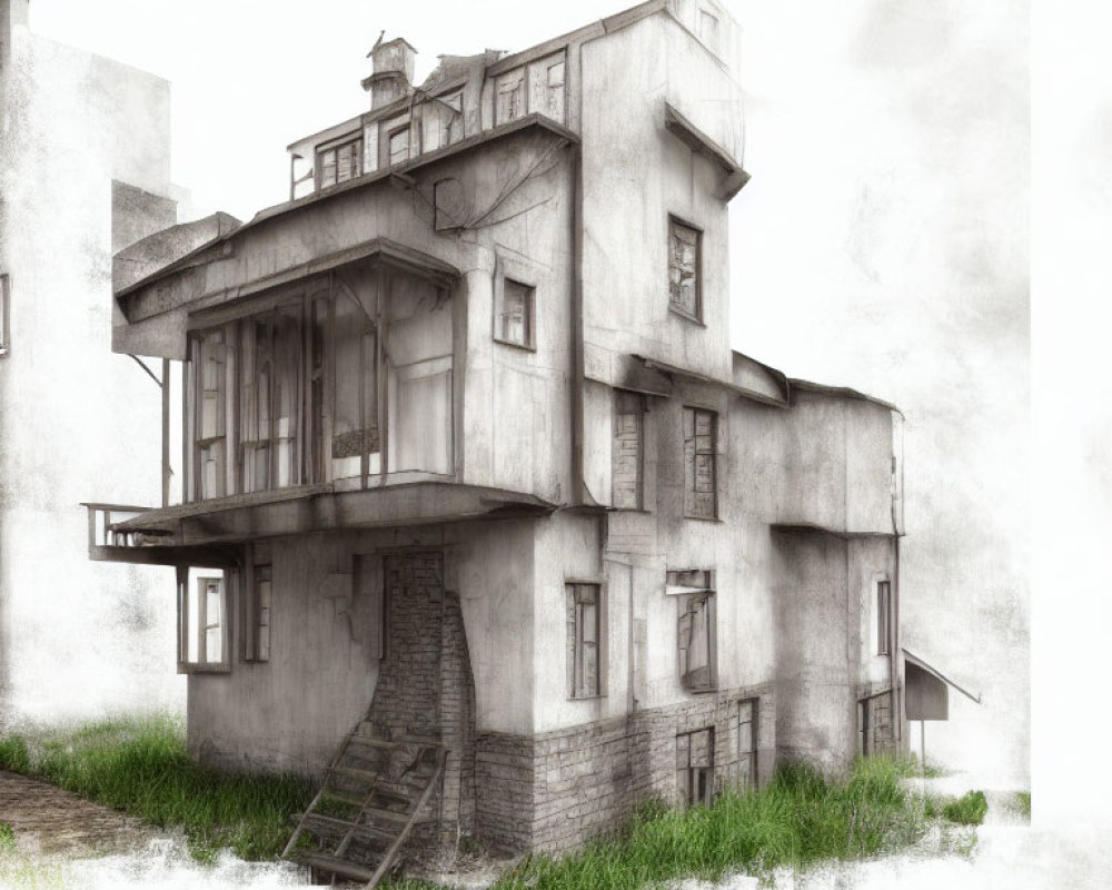 Detailed sketch of old, multi-floor building with external staircases and balcony in overgrown surroundings