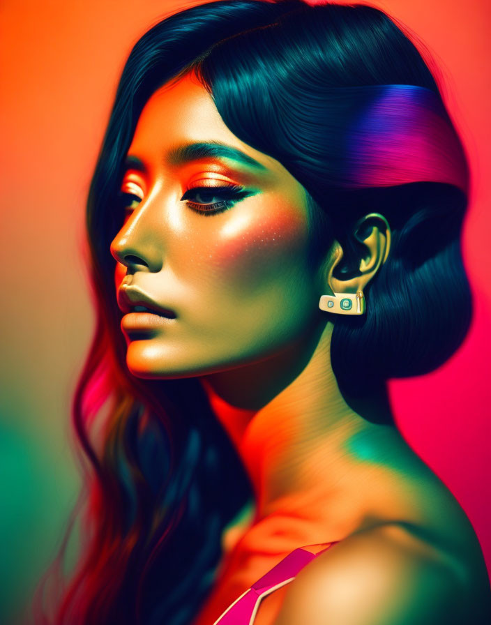 Profile of a woman with vibrant rainbow lighting, accentuating makeup and sleek hairstyle.