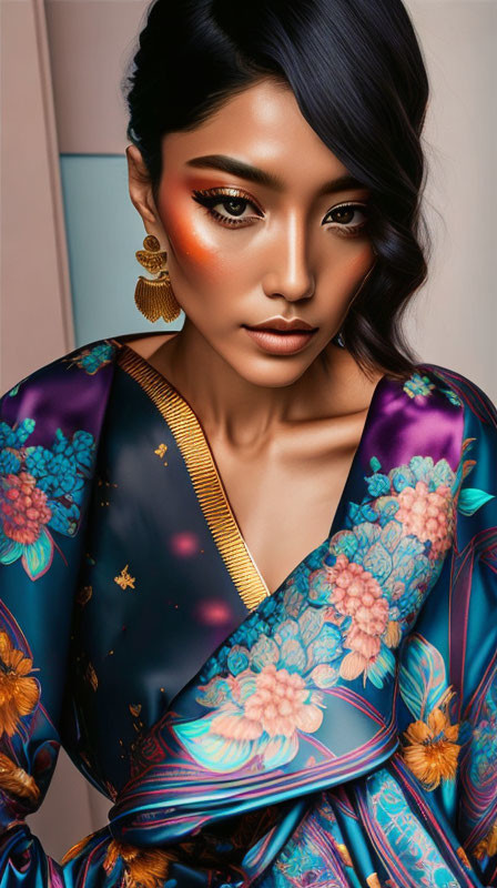 Woman in dramatic makeup and floral kimono with gold earrings on pink background