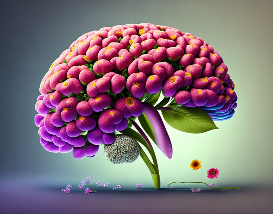 Pink flower brain artwork with stem and petals