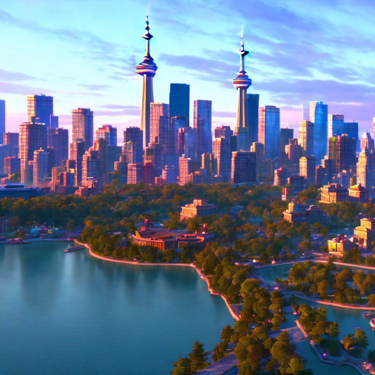 City skyline with towers at sunrise over water and greenery