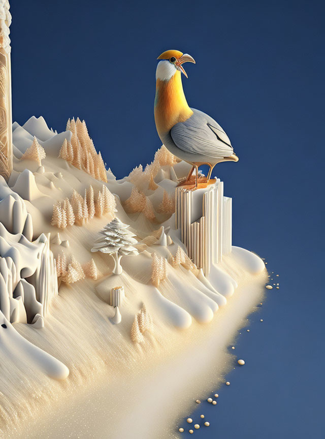 Stylized bird with orange and blue plumage on snowy landscape