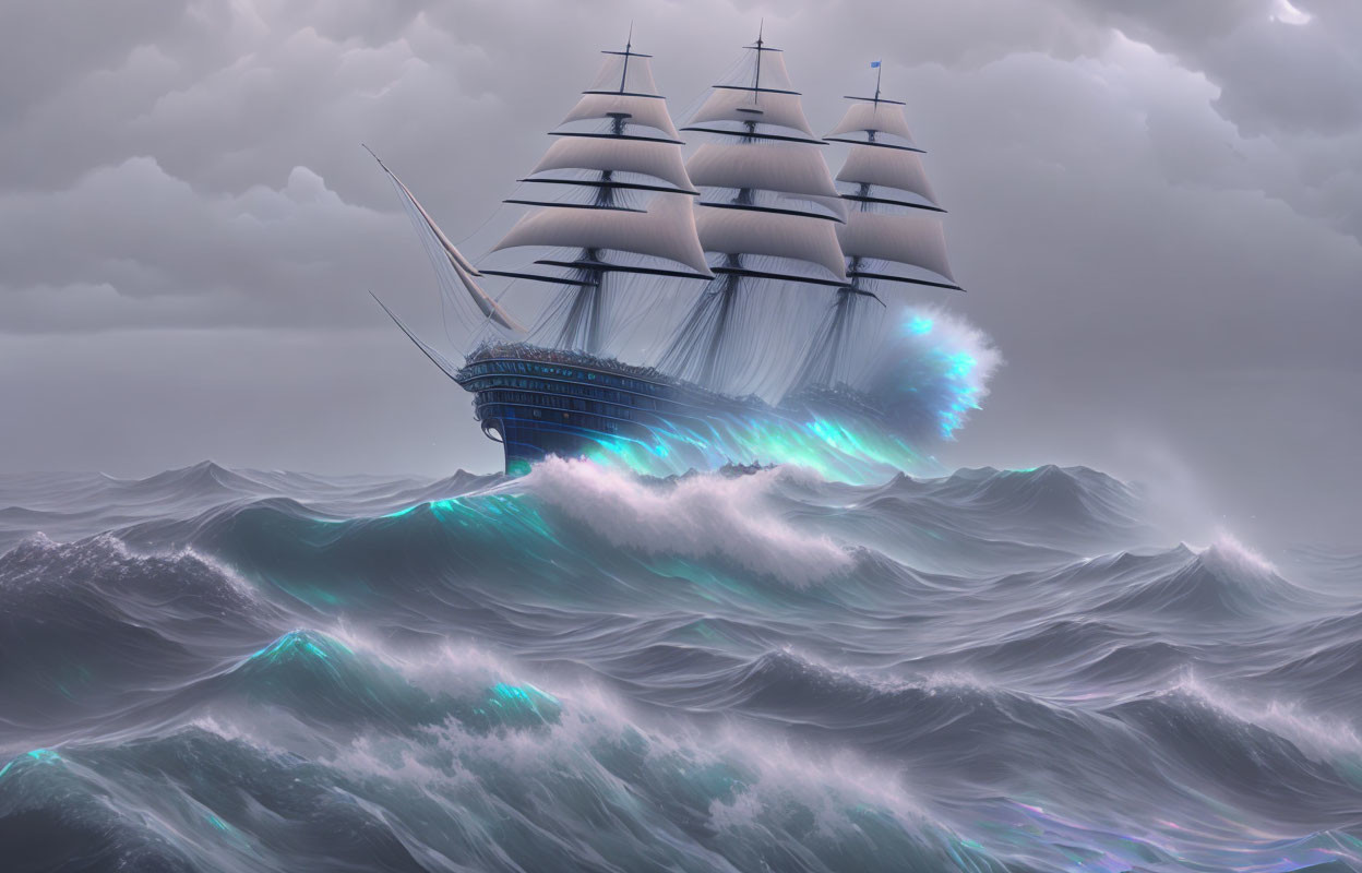 Tall Ship with Glowing Blue Accents Sailing Stormy Seas