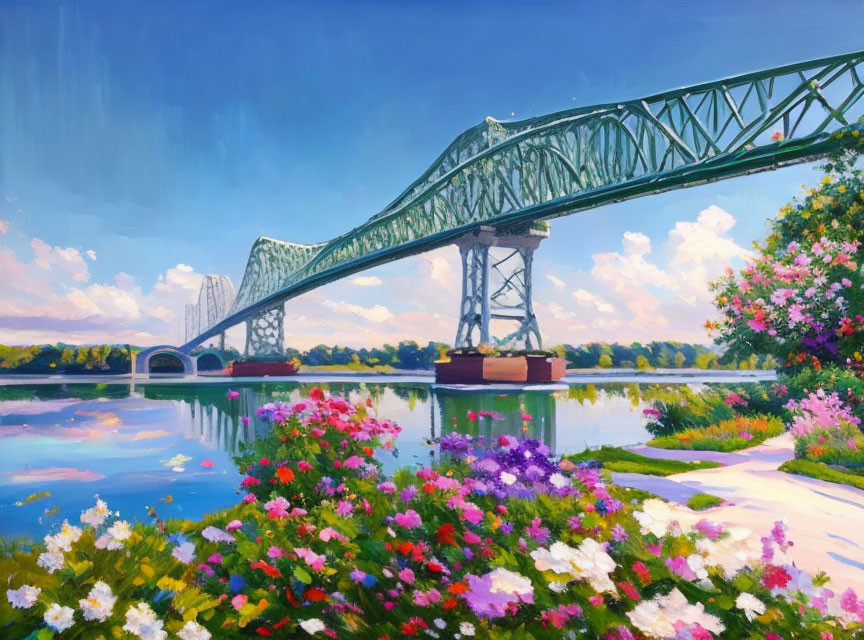 Green bridge and flowers